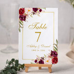 Watercolor Floral Burgundy Gold Wedding Table Number<br><div class="desc">Watercolor Floral Burgundy Gold Wedding Table Card</div>
