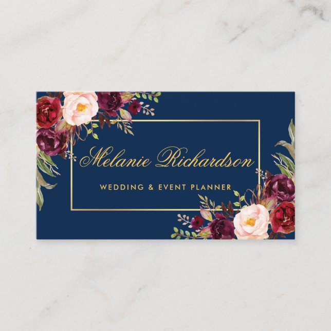 Watercolor Floral Burgundy Marsala Blue Gold Business Card (Front)