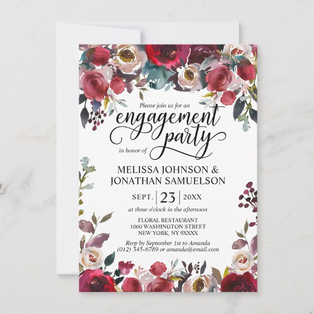 Watercolor Floral Burgundy Merlot Engagement Party Invitation (Front)
