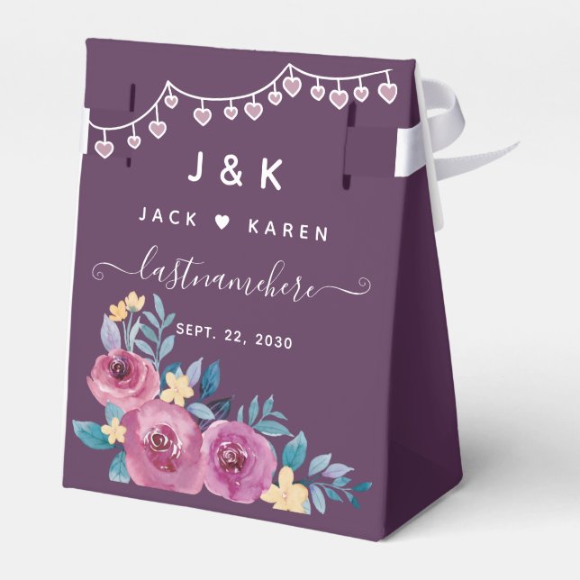 Watercolor Floral Burgundy Monogram & Names Favour Box (Back Side)
