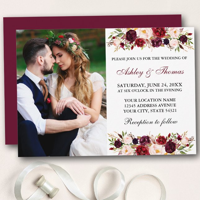 Watercolor Floral Burgundy Photo Wedding Invitation (Customize to change text color, style, add text to back or change color of back of card.)