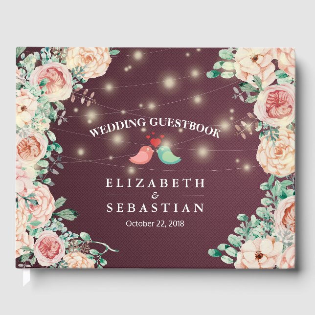 Watercolor Floral Burgundy Red Wedding Guestbook (Front)