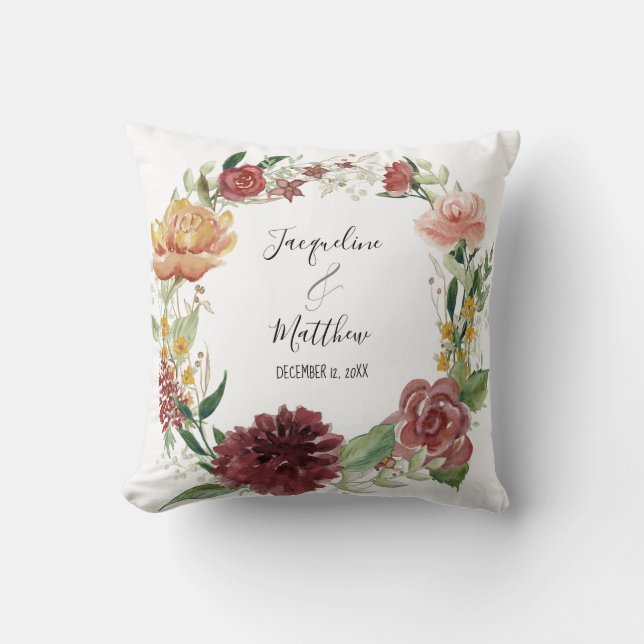 Watercolor Floral Burgundy Roses Ring Bearer Cushion (Front)