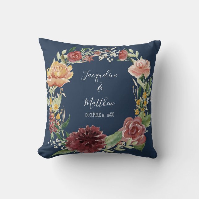 Watercolor Floral Burgundy Roses Ring Bearer Cushion (Front)