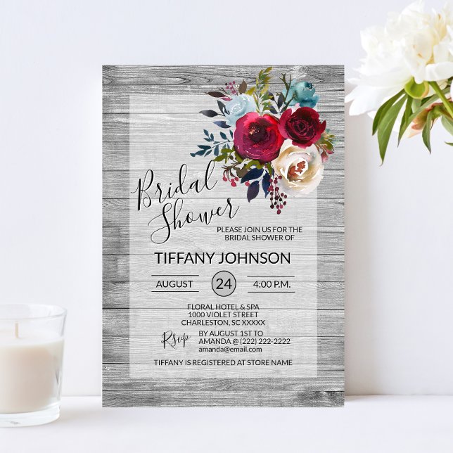 Watercolor Floral Burgundy Rustic Bridal Shower Invitation (Creator Uploaded)