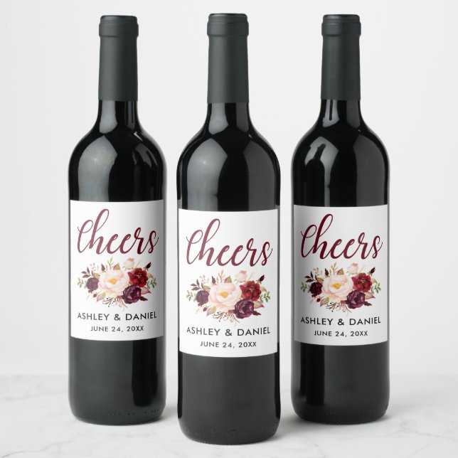 Watercolor Floral Burgundy Wedding Cheers Wine Label (Bottles)