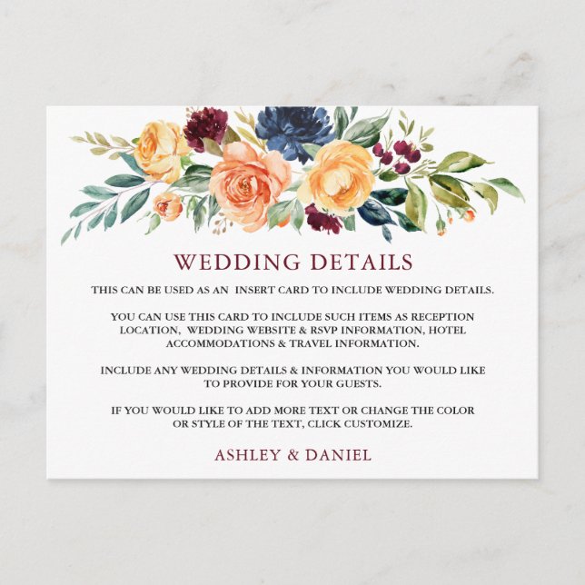 Watercolor Floral Burgundy Wedding Details Card (Front)