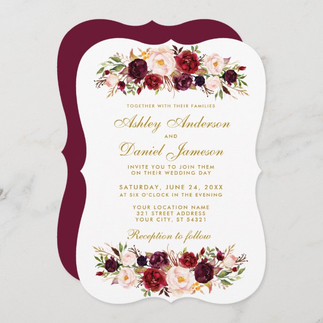 Watercolor Floral Burgundy Wedding Invitation GB (Front/Back)