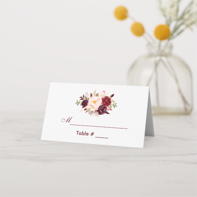 Watercolor Floral Burgundy Wedding Place Card (Front)