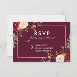 Watercolor Floral Burgundy Wedding RSVP BG Card