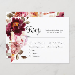Watercolor Floral Burgundy Wedding RSVP Cards