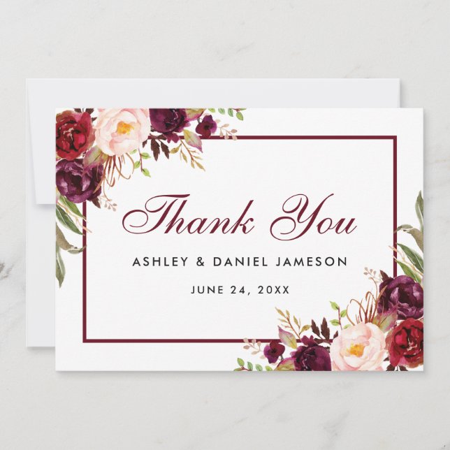 Watercolor Floral Burgundy Wedding Thank You B (Front)