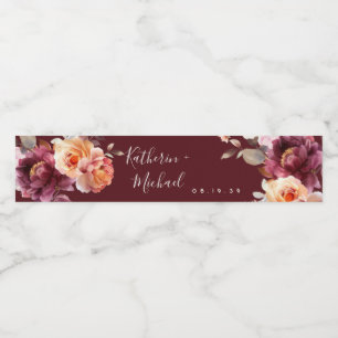 Watercolor Floral Burgundy Wedding Water Bottle Label