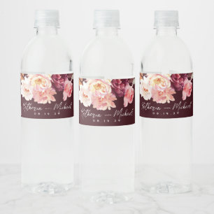 Watercolor Floral Burgundy Wedding Water Bottle Label