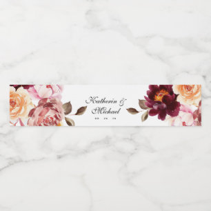 Watercolor Floral Burgundy Wedding Water Bottle Label