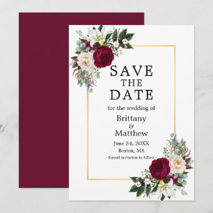Watercolor Floral Burgundy White Gold Frame Save The Date