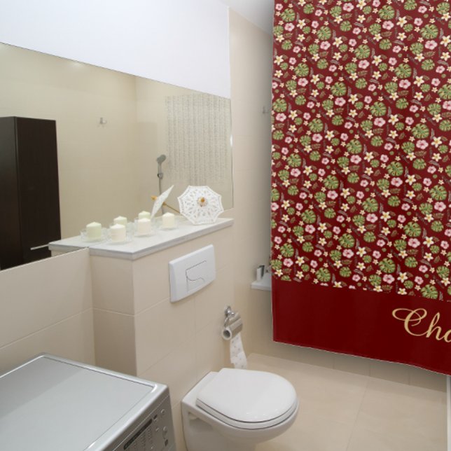 Watercolor floral burgundy yellow elegant name  shower curtain (Creator Uploaded)