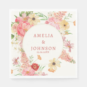 Watercolor floral butter cream wedding couple name napkin