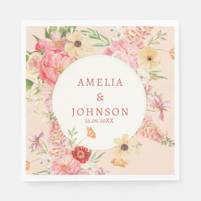 Watercolor floral butter cream wedding couple name napkin (Front)