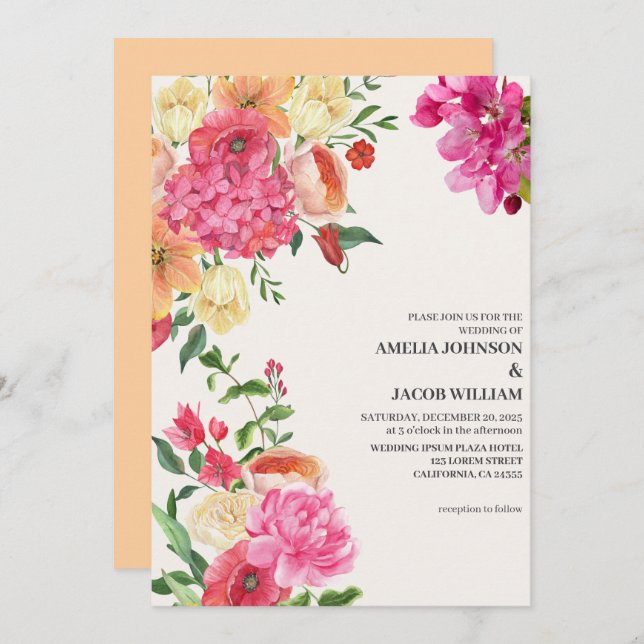 Watercolor floral butter yellow spring wedding invitation (Front/Back)