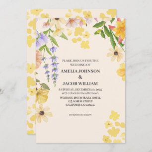 Watercolor floral butter yellow spring wedding invitation