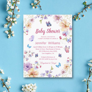 watercolor floral butterflies girl baby shower invitation