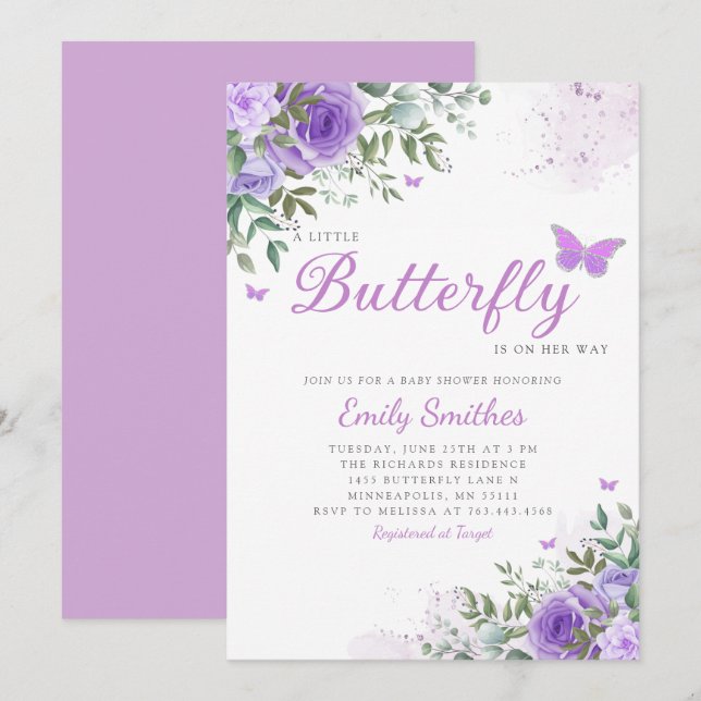 Watercolor Floral Butterfly Baby Baby Girl Shower Invitation (Front/Back)