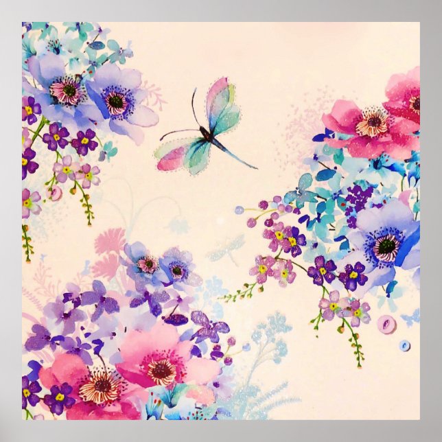 Watercolor Floral Butterfly Garden Glitter Poster (Front)
