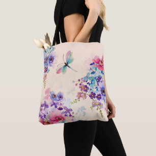 Watercolor Floral Butterfly Garden Glitter Tote Bag