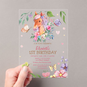 Watercolor Floral Butterfly Pony Stripe Birthday Acrylic Invitations