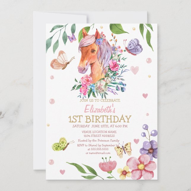 Watercolor Floral Butterfly Pony Stripe Birthday   Invitation (Front)