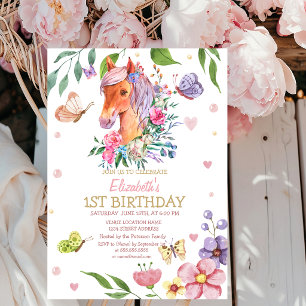 Watercolor Floral Butterfly Pony Stripe Birthday   Invitation