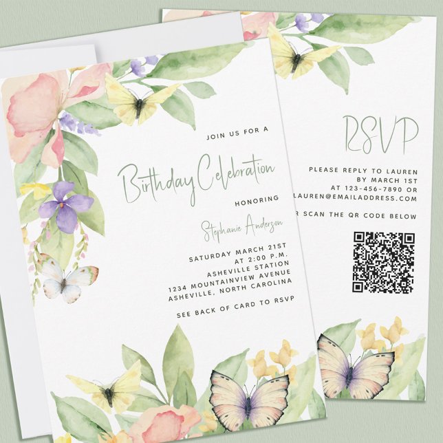 Watercolor Floral Butterfly QR Code Birthday Party Invitation (Watercolor Floral Butterfly QR Code Birthday Party Invitation)