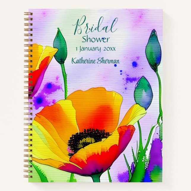 Watercolor Floral California Poppies Bridal Shower Notebook (Front)