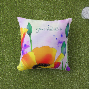 Watercolor Floral California Poppies Orange Yellow Cushion