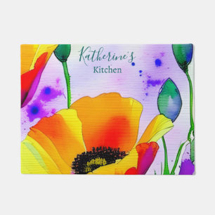 Watercolor Floral California Poppies Orange Yellow Doormat