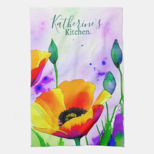 Watercolor Floral California Poppies Orange Yellow Tea Towel