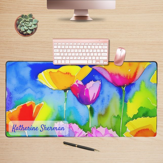 Watercolor Floral California Poppies Wildflowers Desk Mat (California Poppies Watercolor desk mat will brighten your desktop or workspace. Perfect for gifting!)