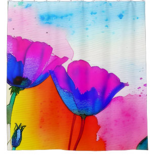 Watercolor Floral California Poppy Pink Blue Shower Curtain