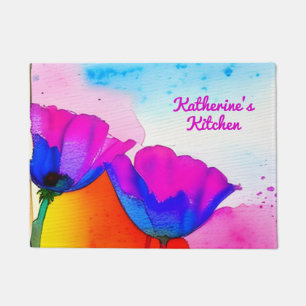 Watercolor Floral California Poppy Pink Kitchen Doormat