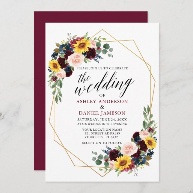 Watercolor Floral Calligraphy Wedding Geometric Invitation (Front/Back)