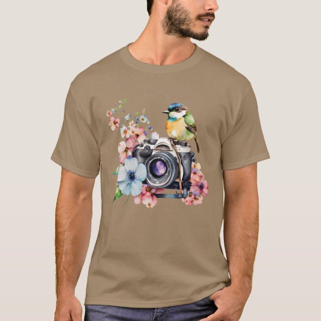 Watercolor Floral Camera With Bird friends T-Shirt (Front)