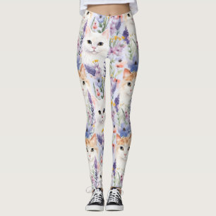 Watercolor Floral Cats Digital Papers Leggings