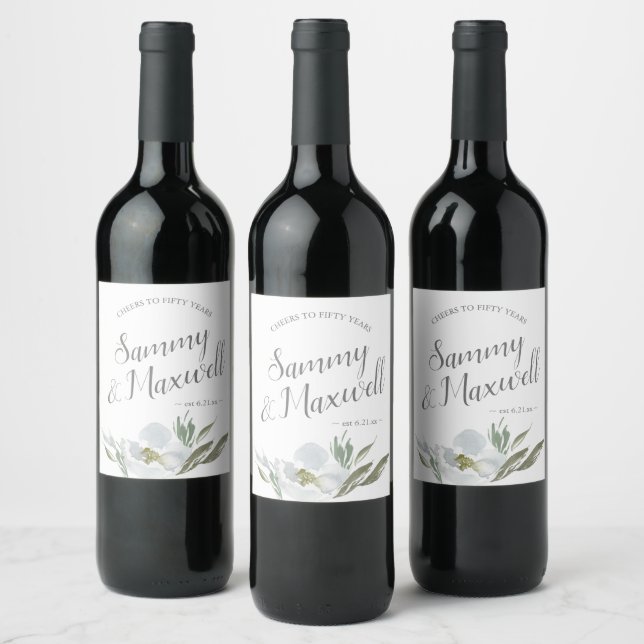 Watercolor Floral Cheers to 50 Years Wine Label (Bottles)