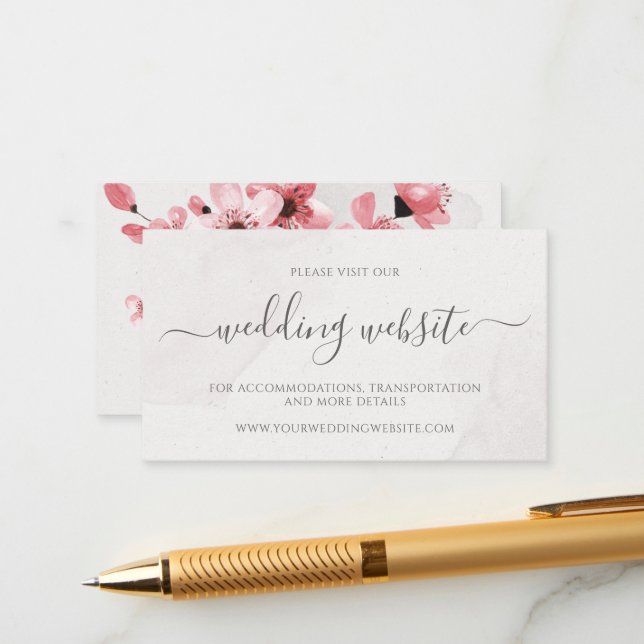 Watercolor Floral Cherry Blossom Wedding Website Enclosure Card (Front/Back In Situ)