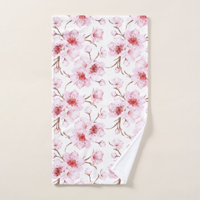 Watercolor Floral Cherry Blossoms Pink White Hand Towel (Hand Towel)