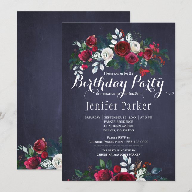 Watercolor Floral Chic Winter Navy Birthday Party Invitation (Front/Back)