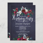 Watercolor Floral Chic Winter Navy Birthday Party Invitation<br><div class="desc">Rustic adult birthday party chic and elegant winter floral invitation template with watercolor peonies bouquet in red burgundy and white and with seasonal pine green fir branches, red berries and foliage over a dark midnight navy blue chalkboard background. The invitation is suitable for elegant rustic floral winter / Christmas seasonal...</div>