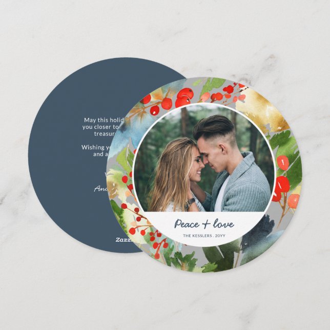 Watercolor Floral Christmas Circle Photo Grey Holiday Card (Front/Back)