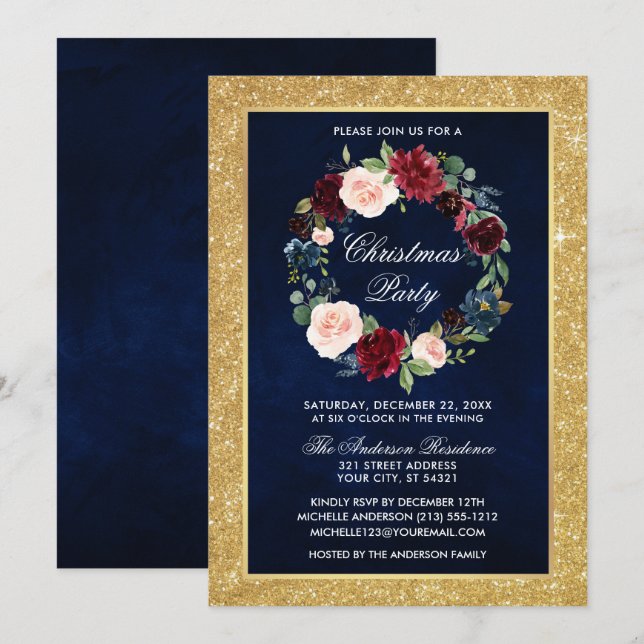 Watercolor Floral Christmas Party Gold Glitter Invitation (Front/Back)